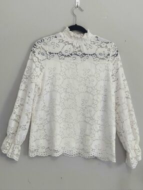 Adrianna Papell White Lace Smock Neck Bell Sleeve Blouse Large